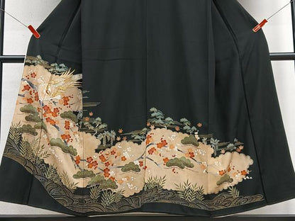平和屋着物■豪華黒留袖　刺繍　尾長鳥梅松文　金彩　正絹　逸品　CABD7178xe