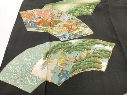 平和屋着物■豪華黒留袖 駒刺繍 地紙花鳥文 金彩 正絹 逸品 CABD7187xe