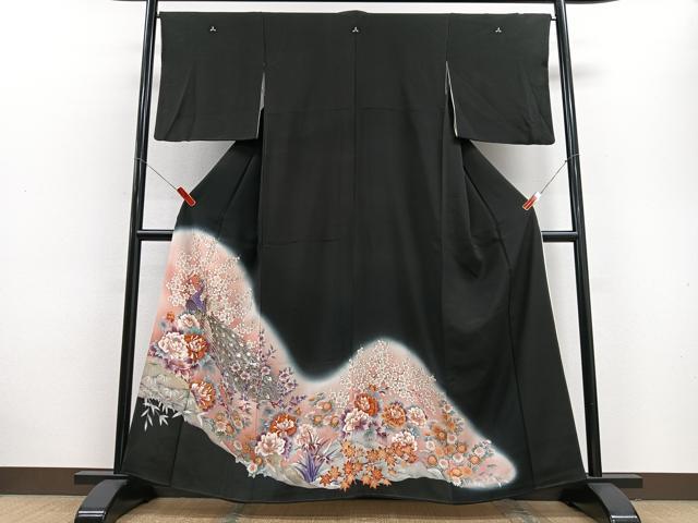 平和屋着物■豪華黒留袖 駒刺繍 孔雀花文 暈し染め 金彩 正絹 逸品 CABD7199xe