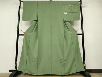 平和屋着物●上質な色無地　白樺染　堅牢染　押田隆一　山葵色　反端付き　正絹　逸品　CABD7207ut