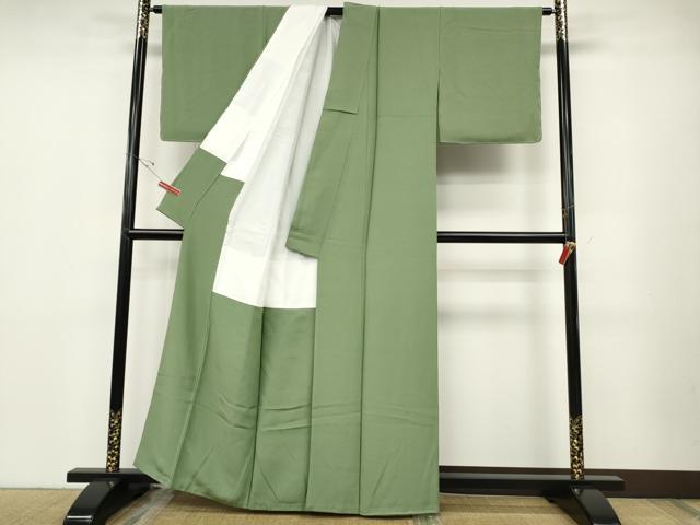 平和屋着物●上質な色無地　白樺染　堅牢染　押田隆一　山葵色　反端付き　正絹　逸品　CABD7207ut