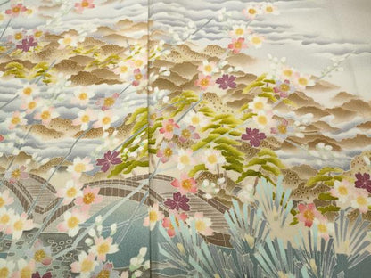 平和屋着物●本加賀友禅作家　茶谷孝志　色留袖　渡橋草花文　暈し染め　正絹　逸品　CABD7213ut