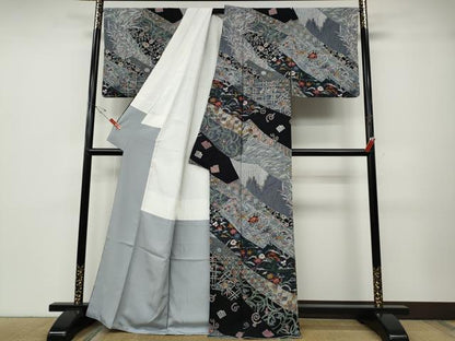平和屋着物●訪問着　型染め　地紙飛鳥草花文　正絹　逸品　CABD7222ut