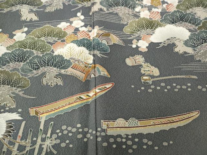 平和屋着物●訪問着　刺繍　飛鶴舟草花文　金彩　正絹　逸品　CABD7224ut