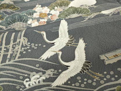 平和屋着物●訪問着　刺繍　飛鶴舟草花文　金彩　正絹　逸品　CABD7224ut