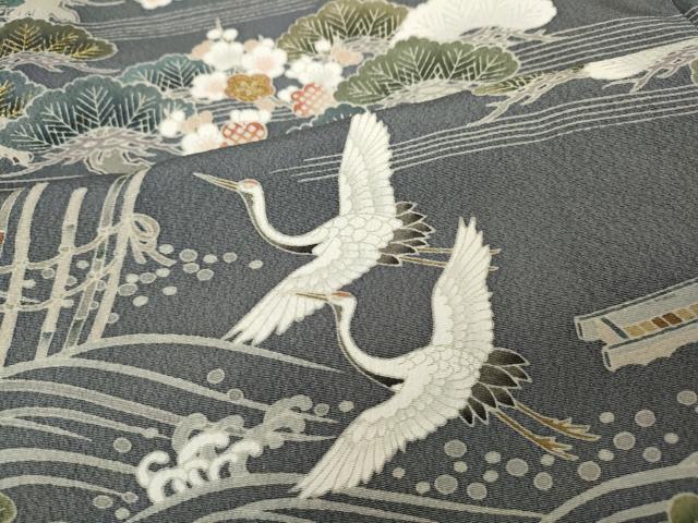 平和屋着物●訪問着　刺繍　飛鶴舟草花文　金彩　正絹　逸品　CABD7224ut