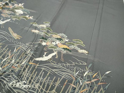 平和屋着物●訪問着　刺繍　飛鶴舟草花文　金彩　正絹　逸品　CABD7224ut