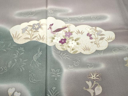 平和屋着物●訪問着　刺繍　貝紫　雲取り尾長鳥草花文　暈し染め　金彩　正絹　逸品　CABD7225ut