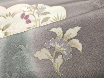 平和屋着物●訪問着　刺繍　貝紫　雲取り尾長鳥草花文　暈し染め　金彩　正絹　逸品　CABD7225ut