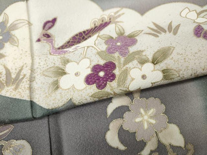 平和屋着物●訪問着　刺繍　貝紫　雲取り尾長鳥草花文　暈し染め　金彩　正絹　逸品　CABD7225ut