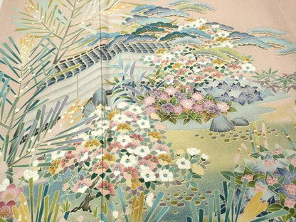 平和屋着物●豪華色留袖　友禅　草花文　ロング丈　正絹　逸品　CABD7227ut