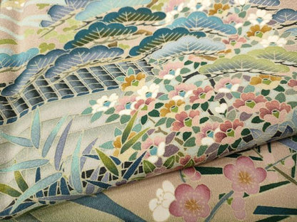 平和屋着物●豪華色留袖　友禅　草花文　ロング丈　正絹　逸品　CABD7227ut