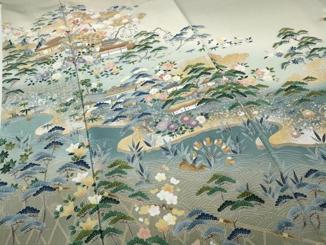 平和屋着物●京友禅作家　外池雅峰　色留袖　駒刺繍　風景草花文　金銀彩　正絹　逸品　CABD7228ut