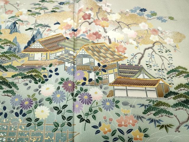 平和屋着物●京友禅作家　外池雅峰　色留袖　駒刺繍　風景草花文　金銀彩　正絹　逸品　CABD7228ut