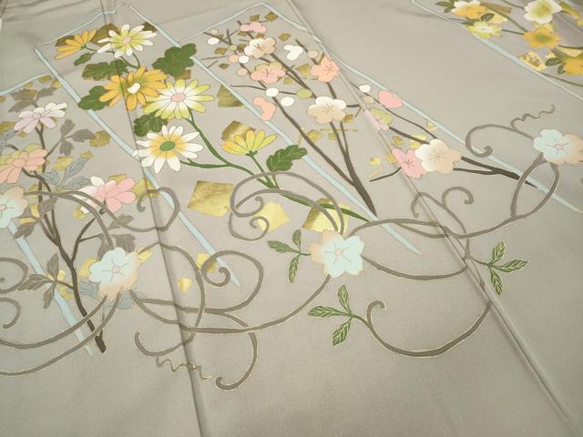 平和屋着物●京友禅作家　米沢新之助　色留袖　駒刺繍　枝花文　金彩　正絹　逸品　CABD7231ut