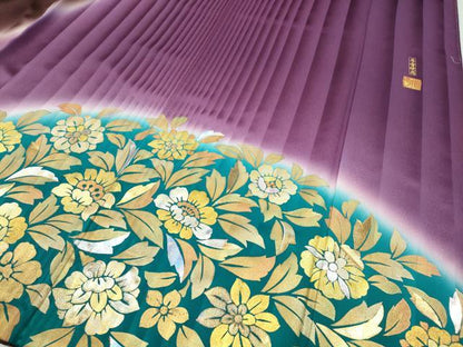 平和屋着物●金彩友禅作家　金彩の魔術師　堀省平　金煌織　振袖　草花文　暈し染め　本金箔　正絹　逸品　CABD7236ut