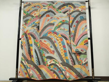 平和屋着物●豪華振袖　型染め　吉祥花文　鬼しぼ縮緬　正絹　逸品　CABD7241ut