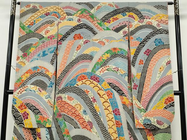 平和屋着物●豪華振袖　型染め　吉祥花文　鬼しぼ縮緬　正絹　逸品　CABD7241ut