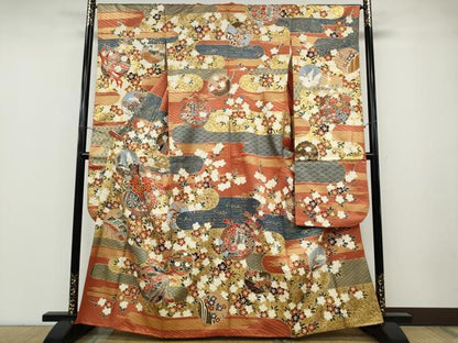 平和屋着物●豪華振袖　駒刺繍　雪輪飛鶴鳳凰花文　金彩　正絹　逸品　CABD7244ut
