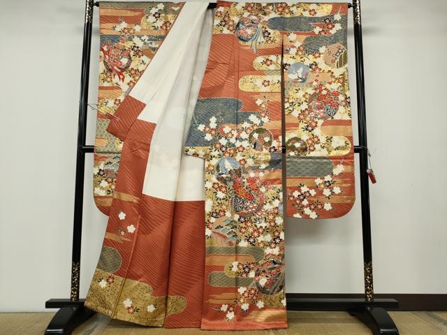平和屋着物●豪華振袖　駒刺繍　雪輪飛鶴鳳凰花文　金彩　正絹　逸品　CABD7244ut
