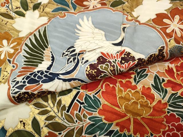 平和屋着物●豪華振袖　駒刺繍　雪輪飛鶴鳳凰花文　金彩　正絹　逸品　CABD7244ut
