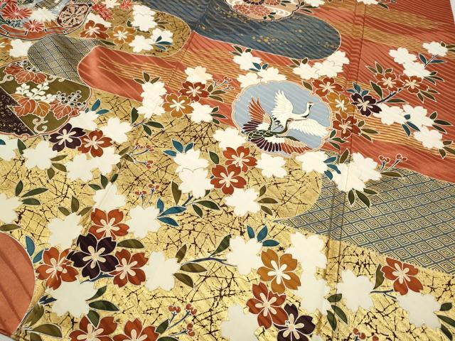 平和屋着物●豪華振袖　駒刺繍　雪輪飛鶴鳳凰花文　金彩　正絹　逸品　CABD7244ut
