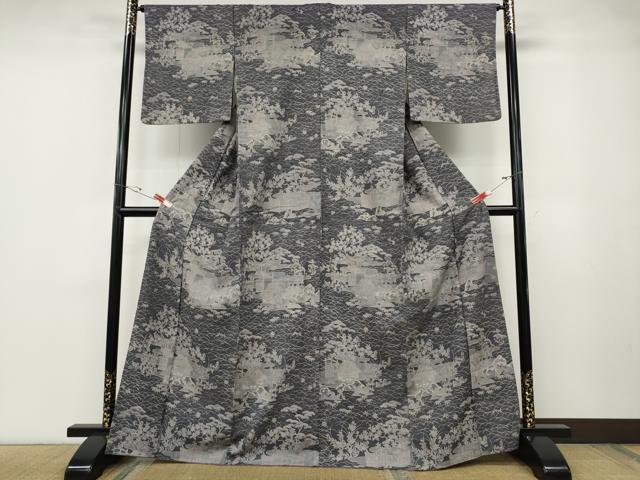 平和屋着物●染織の名門　しょうざん  生紬　風景草花文　正絹　逸品　CABD7257ut