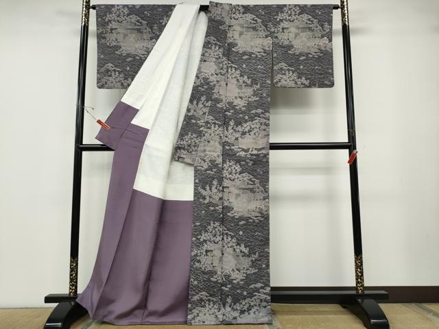 平和屋着物●染織の名門　しょうざん  生紬　風景草花文　正絹　逸品　CABD7257ut