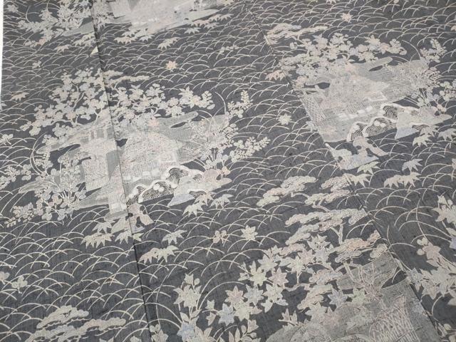 平和屋着物●染織の名門　しょうざん  生紬　風景草花文　正絹　逸品　CABD7257ut