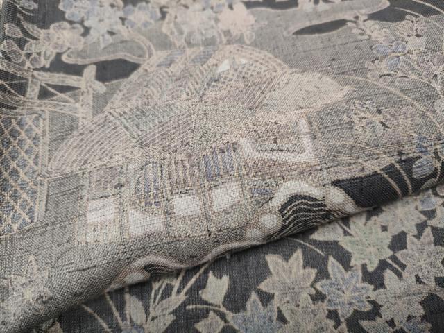 平和屋着物●染織の名門　しょうざん  生紬　風景草花文　正絹　逸品　CABD7257ut