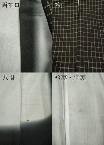 平和屋着物●上質な紬　格子柄　黒地　正絹　逸品　CABD7267ut