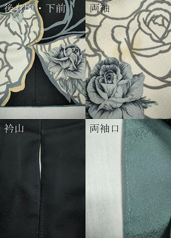 平和屋着物●豪華振袖　ラインストーン　薔薇　舞花文　黒地　金彩　正絹　逸品　CABD7269ut