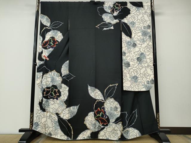 平和屋着物●豪華振袖　ラインストーン　薔薇　舞花文　黒地　金彩　正絹　逸品　CABD7269ut