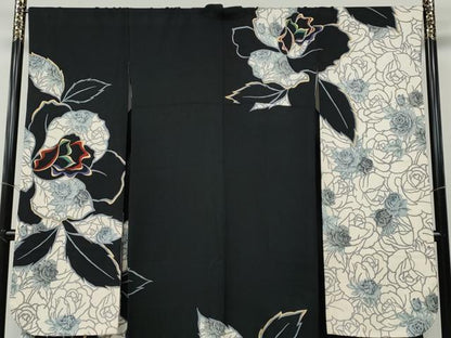 平和屋着物●豪華振袖　ラインストーン　薔薇　舞花文　黒地　金彩　正絹　逸品　CABD7269ut