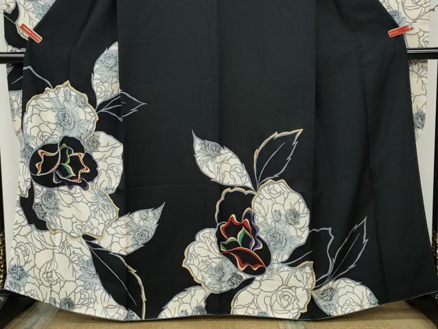 平和屋着物●豪華振袖　ラインストーン　薔薇　舞花文　黒地　金彩　正絹　逸品　CABD7269ut
