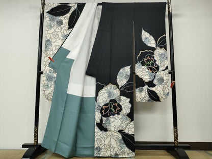 平和屋着物●豪華振袖　ラインストーン　薔薇　舞花文　黒地　金彩　正絹　逸品　CABD7269ut