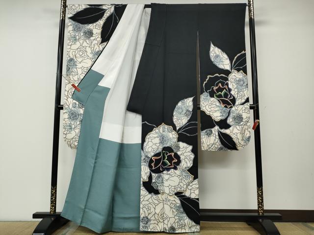 平和屋着物●豪華振袖　ラインストーン　薔薇　舞花文　黒地　金彩　正絹　逸品　CABD7269ut