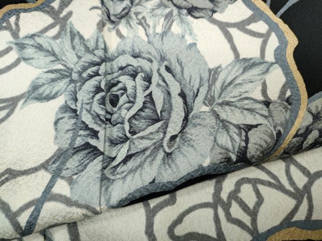 平和屋着物●豪華振袖　ラインストーン　薔薇　舞花文　黒地　金彩　正絹　逸品　CABD7269ut
