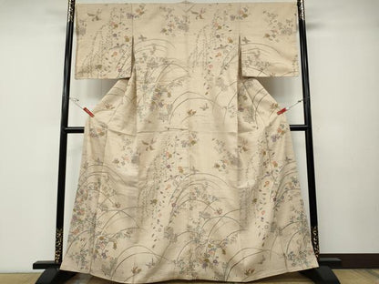 平和屋着物●訪問着　生紬　花鳥蝶文　正絹　逸品　CABD7272ut