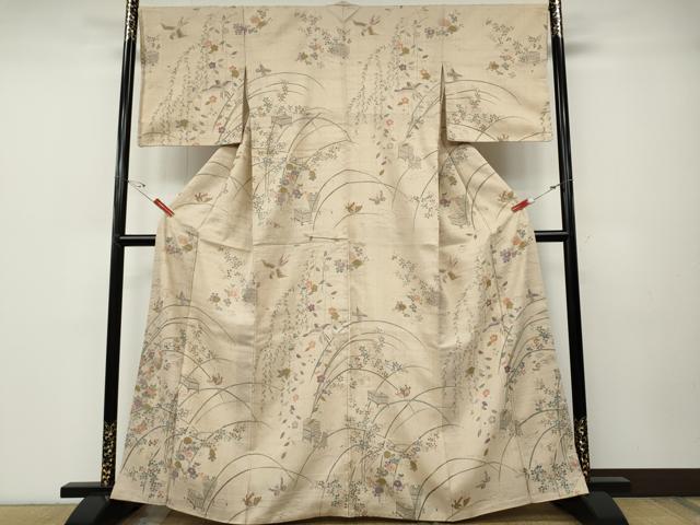 平和屋着物●訪問着　生紬　花鳥蝶文　正絹　逸品　CABD7272ut