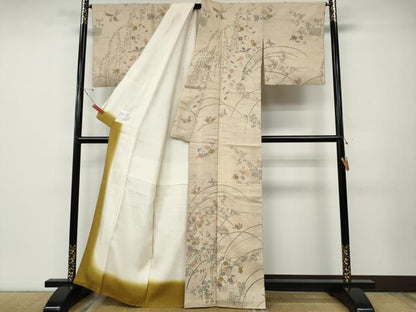 平和屋着物●訪問着　生紬　花鳥蝶文　正絹　逸品　CABD7272ut