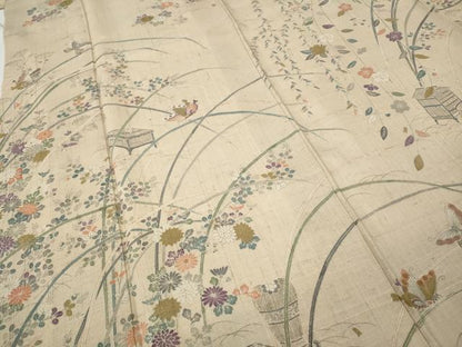 平和屋着物●訪問着　生紬　花鳥蝶文　正絹　逸品　CABD7272ut