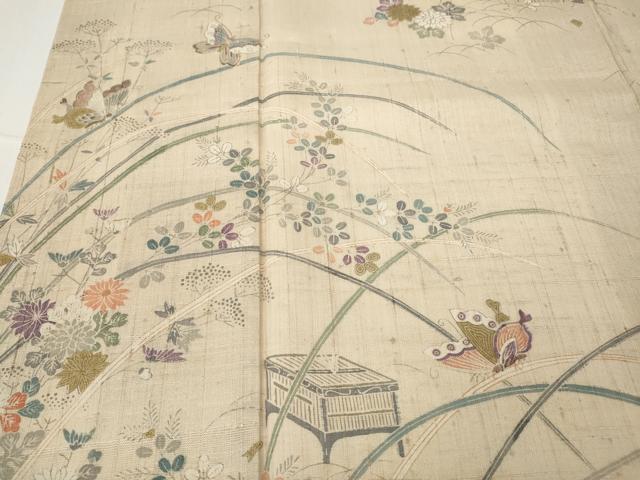 平和屋着物●訪問着　生紬　花鳥蝶文　正絹　逸品　CABD7272ut