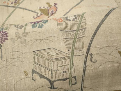 平和屋着物●訪問着　生紬　花鳥蝶文　正絹　逸品　CABD7272ut