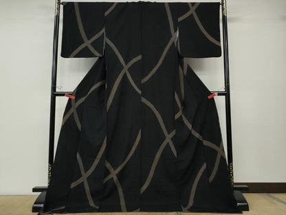 平和屋着物●上質なお召　絞り　吉祥文　黒地　ロング丈　正絹　逸品　CABD7274ut