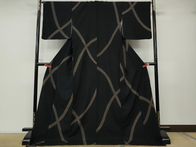 平和屋着物●上質なお召　絞り　吉祥文　黒地　ロング丈　正絹　逸品　CABD7274ut