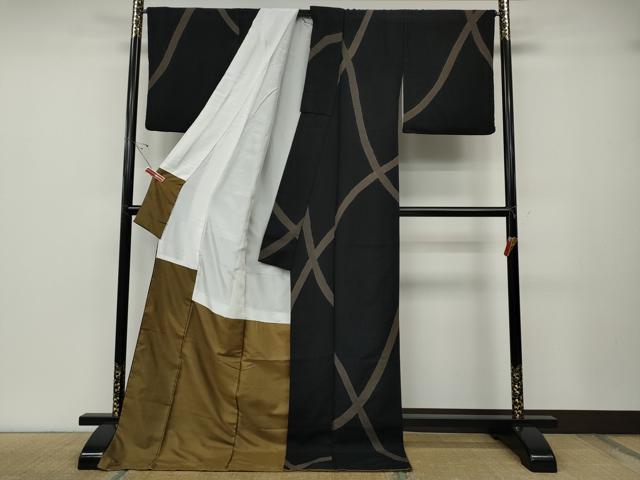 平和屋着物●上質なお召　絞り　吉祥文　黒地　ロング丈　正絹　逸品　CABD7274ut