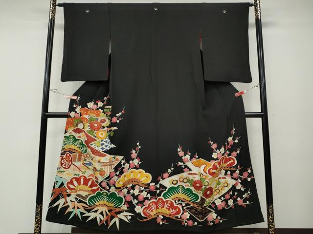 平和屋着物●アンティーク　大正ロマン　黒留袖　駒刺繍　松皮菱御所車花文　金彩　正絹　逸品　CABD7276ut