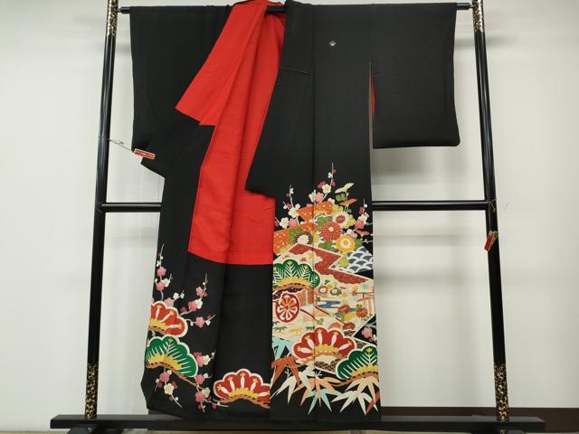 平和屋着物●アンティーク　大正ロマン　黒留袖　駒刺繍　松皮菱御所車花文　金彩　正絹　逸品　CABD7276ut