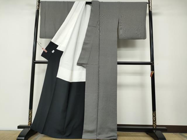 平和屋着物●江戸小紋　万筋　黒色×白鼠色　正絹　逸品　CABD7279ut